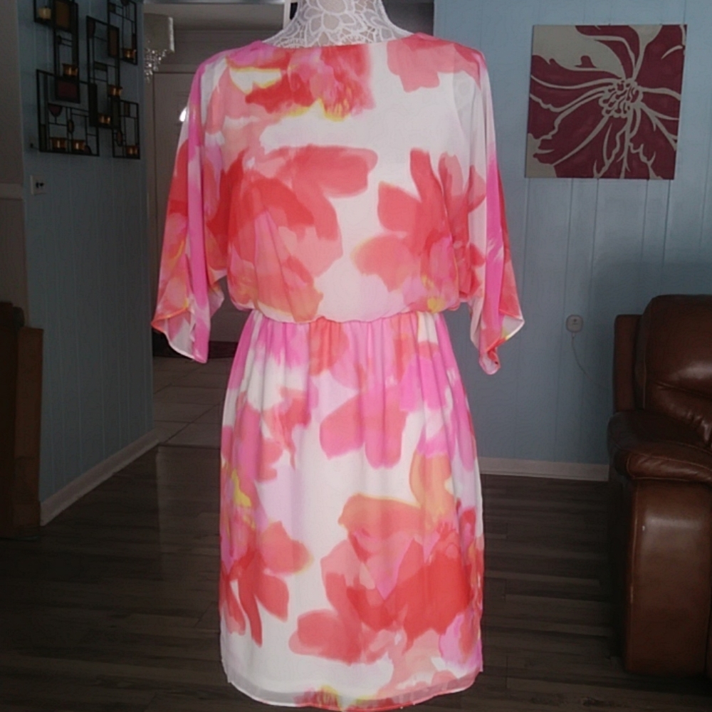 London times pink orange floral chiffon d…